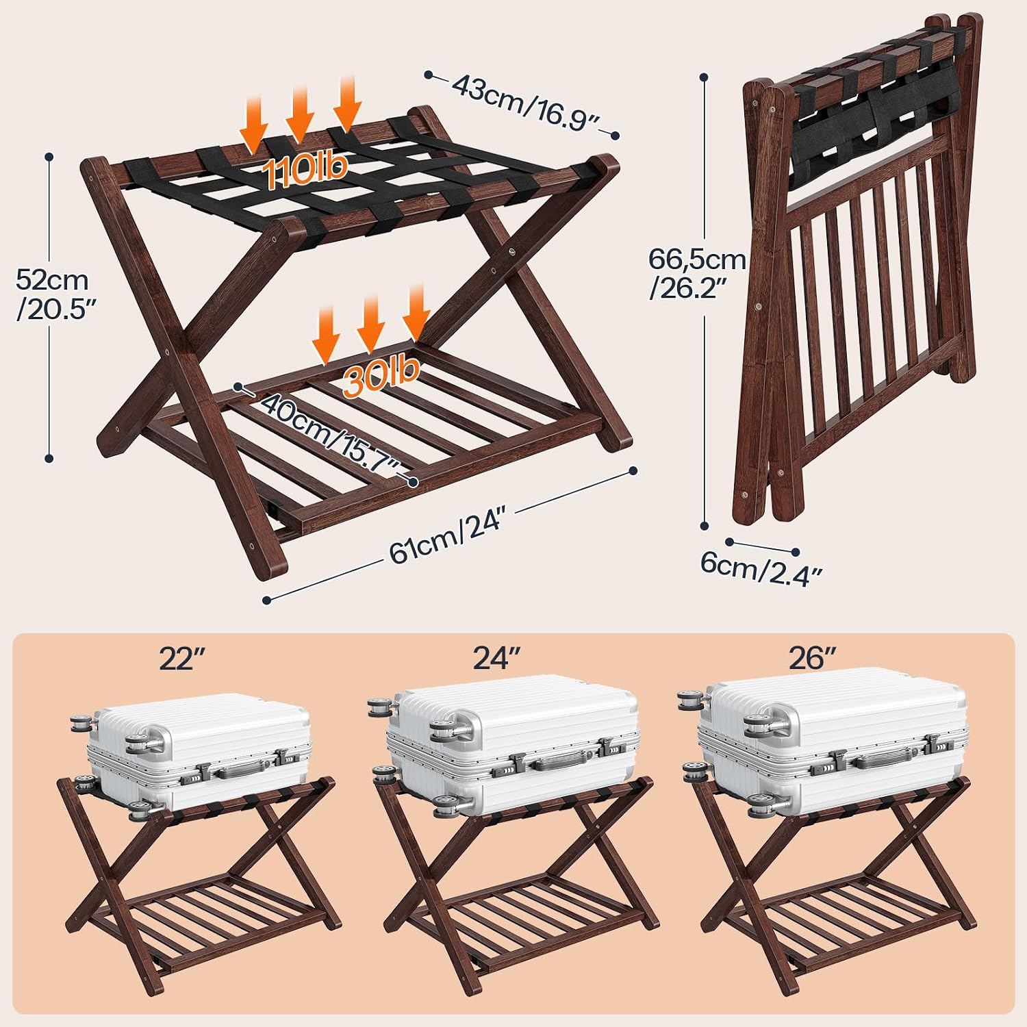 HOOBRO Luggage Rack, Folding Luggage Holder, Bamboo Suitcase Stand for Guest Room, with Nylon Strap Support Shelf, Holds up to 110 lb, for Hotel, Bedroom, Brown BR19XL01