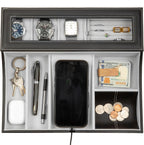 HOUNDSBAY Navigator Large Dresser Valet Tray & Mens Jewelry Box Organizer - Watch Box Organizer for Men with Angled Charging Station (Grey)