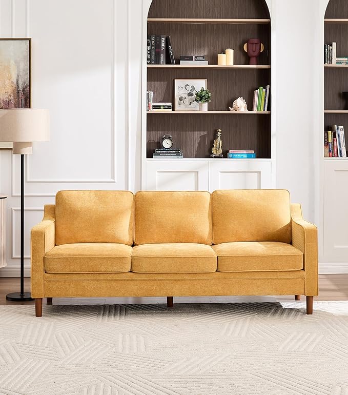 Kingfun 80" Chenille Sofa, 3 Seater Couch, Mid Century Modern Couches with Solid Wood Legs for Living Room, Yellow