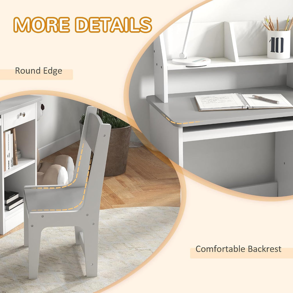 Qaba Kids Desk and Chair Set with Storage, Study Desk with Chair for Children 5-8 Years Old, Gray