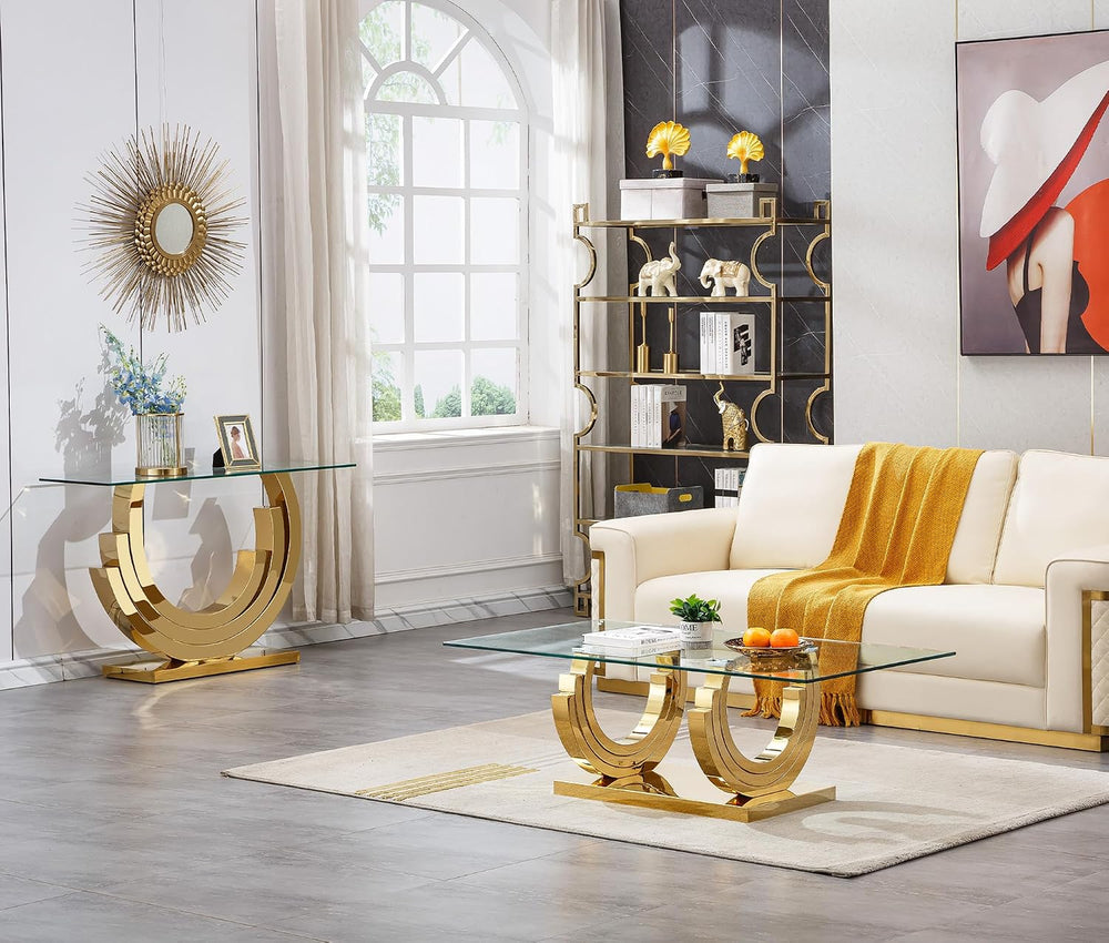 1 Piece Living Room Console Table Luxury Glass Entryway Table,Elegant Gold Co...