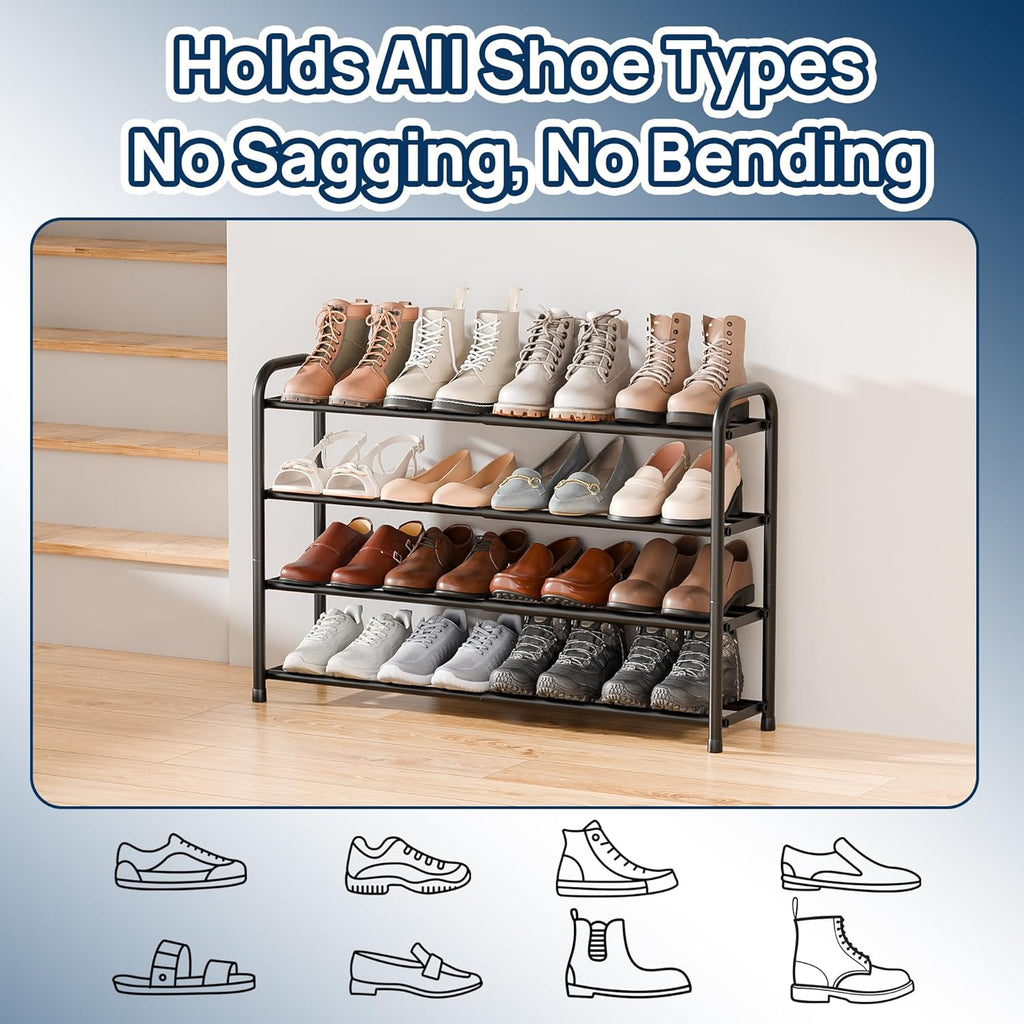 ENJOYBASICS 4 Tier Expandable Shoe Rack for Closet, Free Standing Metal Shoe Shelf Storage Organizer Holder 16 Pairs, Adjustable Width Shoe Rack for Entryway Small Space, Black