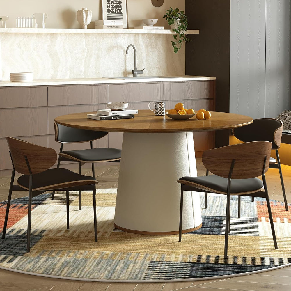 59” Modern Round Dining Table, Featuring a Decorative parquet Wood Veneer Tab...