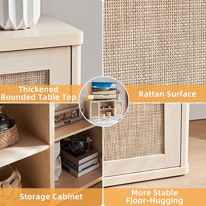 LEYAOYAO Rattan TV Stands for Living Room, Boho TV Cabinet with Storage and Open Shelf, Rustic Wood Entertainment Center, Media Console for 50-65 Inch TV, Light Wood