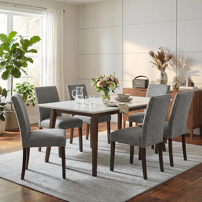 Furniliving Upholstered Dining Chairs Set of 6 - Line Fabric Modern Farmhouse Kitchen Chairs, High-Back Dining Room Chairs with Wooden Legs for Kitchen Dining Room Living Room.Grey
