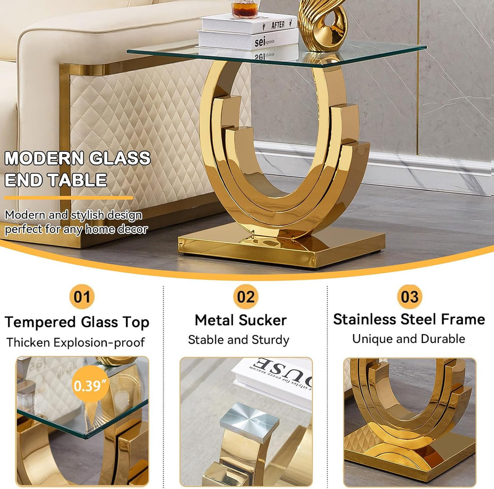 Gold Glass End Table, Modern 22.8" Square Sofa Side Table for Living Roo...