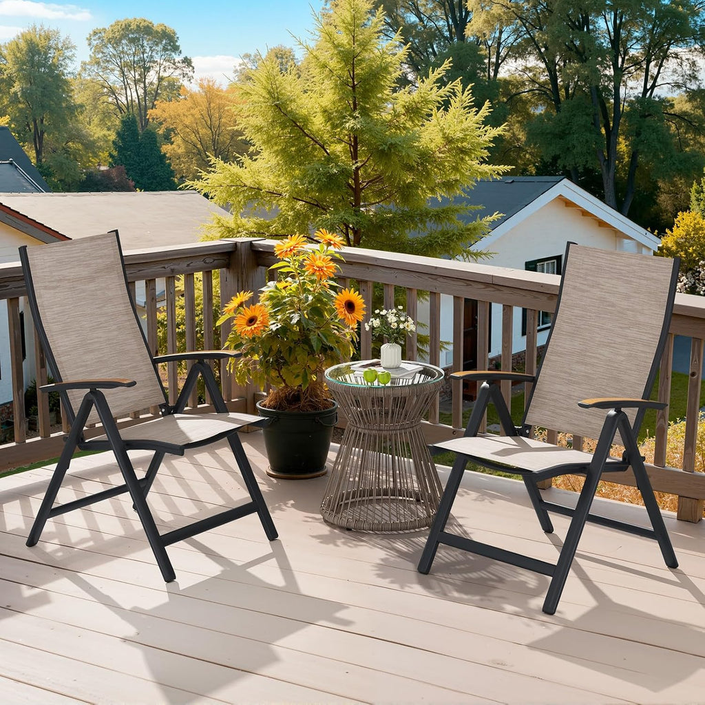 Folding Patio Chairs Set of 2, Outdoor Recliner Chairs | 8-Level Adjustable Reclining Back with Teak Armrest Aluminium Frame for Porch, Backyard, Brown DC071