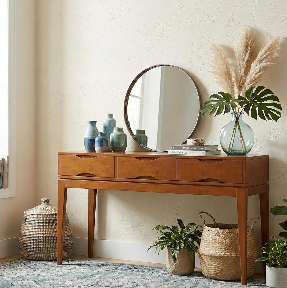 SIMPLIHOME Harper 54" Wide Solid Wood Console Table in Tawny Brown Teak