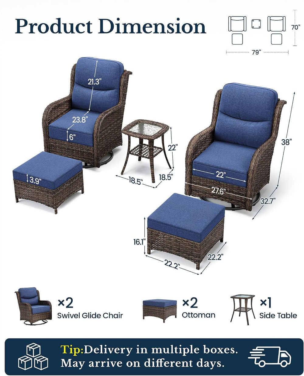 HILLGA Luxury 5 PCS Outdoor Swivel Rocker Patio Chairs of 2