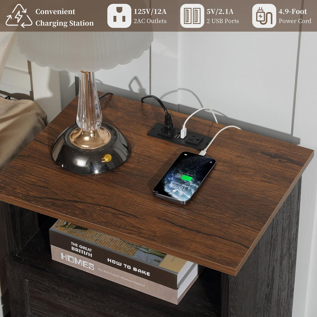 Night Stand with Charging Station, Bedside Table with 2 Drawers Storage and Open Shelf, Espresso Nightstand Set of 4 with Outlets, Wood Modern End Table for Bedroom Office