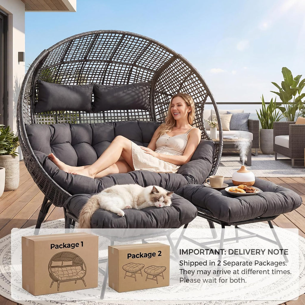 RADIATA Double Egg Chair with Ottoman, 2 Person Outdoor Wicker Loveseat | Outdoor foot rest for Patio, 57.1" Extra Wide Indoor Lounge Chairs, 6.5" Grey Cushion, 2 Seater Person Wicker Seating