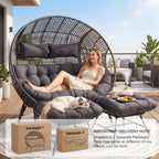 RADIATA Double Egg Chair with Ottoman, 2 Person Outdoor Wicker Loveseat | Outdoor foot rest for Patio, 57.1" Extra Wide Indoor Lounge Chairs, 6.5" Grey Cushion, 2 Seater Person Wicker Seating
