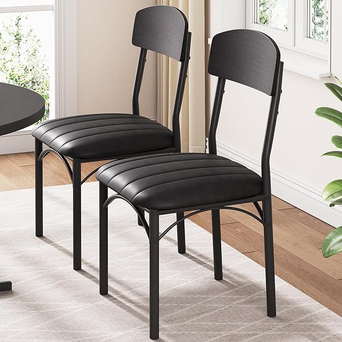 Dining Chairs Set of 4 - Upholstered Dining Room Chairs with PU Leather, Industrial Kitchen Chairs with Wooden Backrest and Thickened Metal Legs, for Dining Room, Living Room（Black）