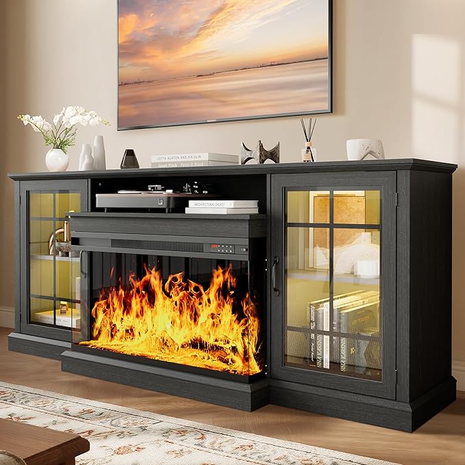 oneinmil 80'' Fireplace TV Stand with 3-Sided Glass, TV Cabinet for TVs up to 85", 80'' Modern Media Entertainment Center with Farmhouse Glass Door Storage Cabinets, Black