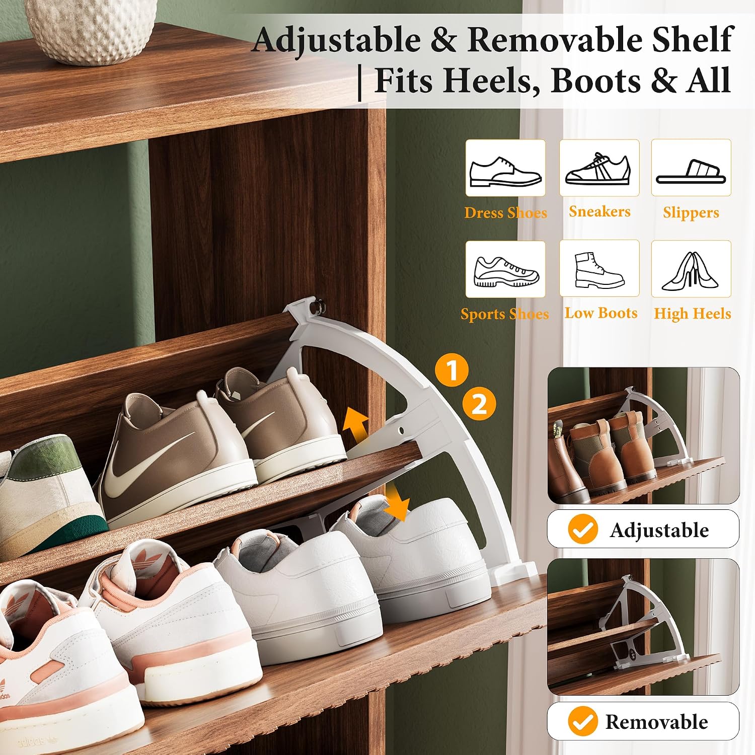 Shoe Storage Cabinet for Entryway, 4 Flip Drawers Shoe Cabinet, Mid-Century Modern Walnut Slim Shoe Storage Rack, Narrow Shoe Organizer, Wood Storage Cabinets with Adjustable Shelves