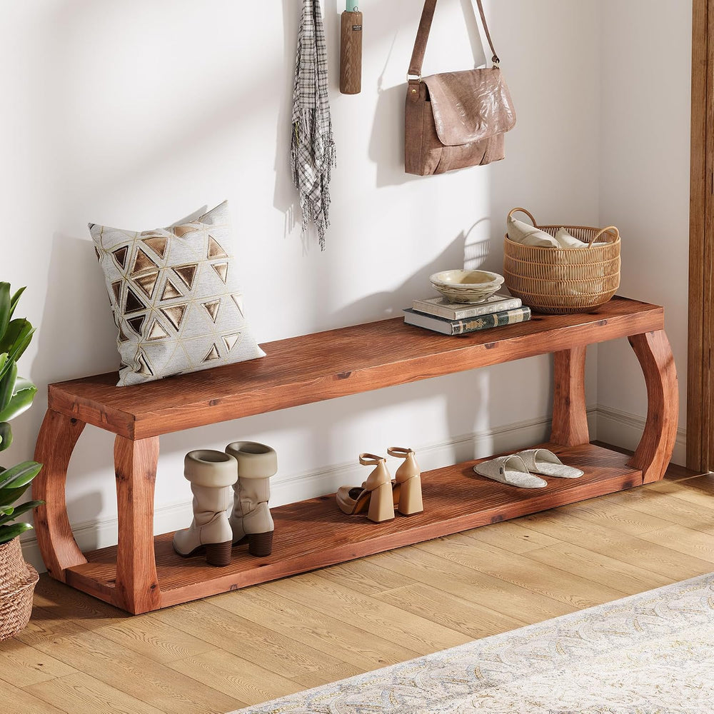 2-Tier Solid Wood Entryway Bench, 59" Long Farmhouse End of Bed Bench wi...