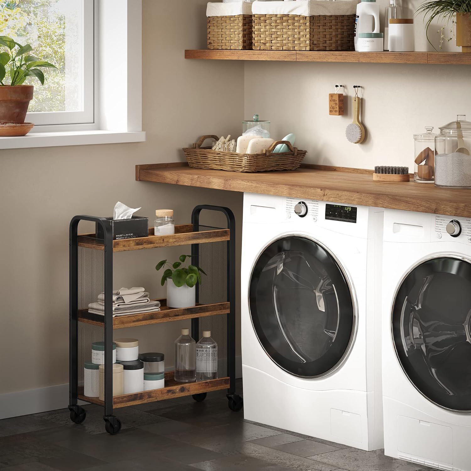 VASAGLE 3-Tier Narrow Storage Cart, Rolling Cart with Wheels, Steel Frame, Slim Storage Cart for Kitchen, Dining Room, Laundry Room, Adjustable Feet Included, Industrial Style, Rustic Brown and Black