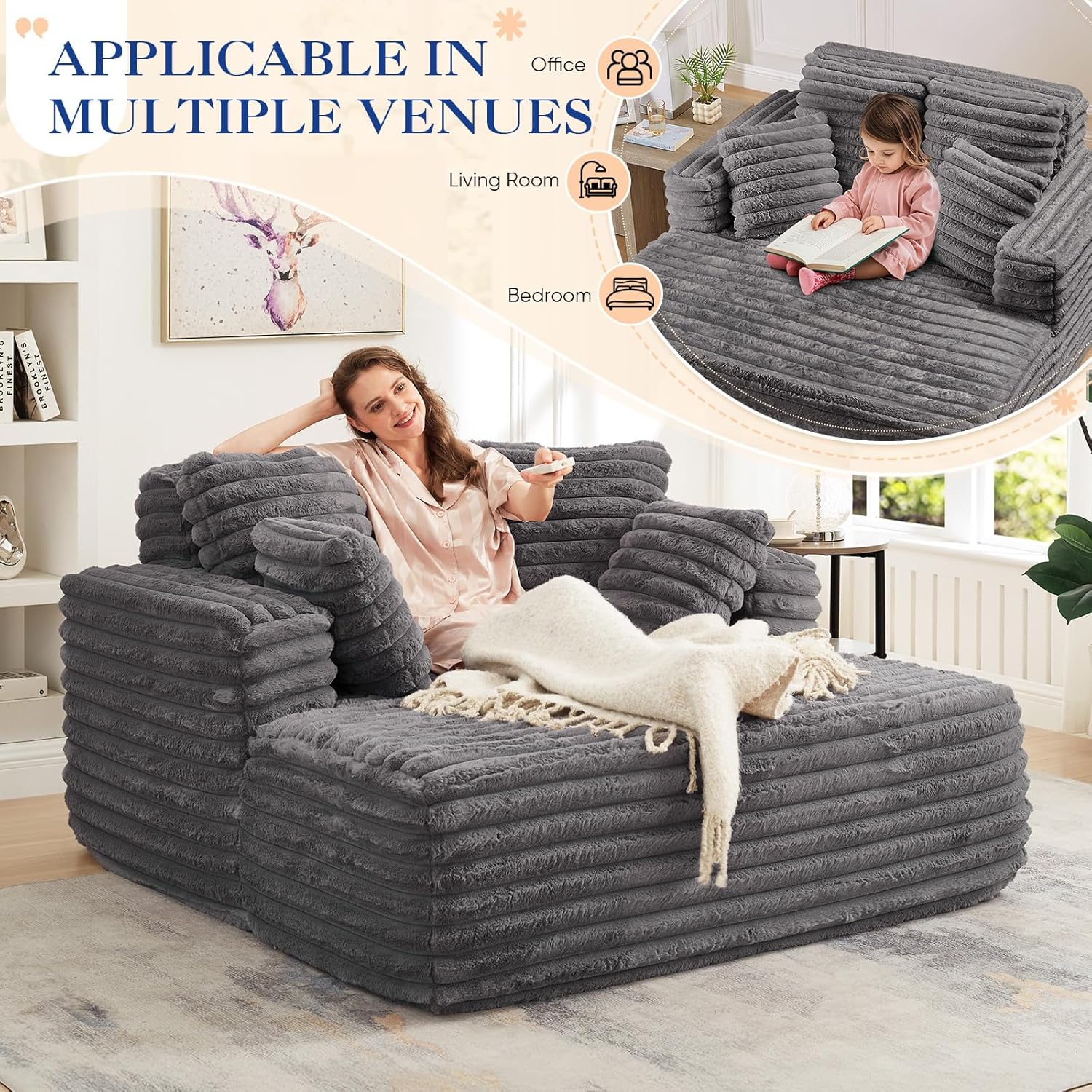 Oversized Chaise Lounge Indoor, Modern Plush Faux Fur Fabric Deep Seat Boneless Memory Foam Sleeper Chaise Lounge Sofa Chair with Pillows for Living Room Bedroom Studio, No Assembly Couch, Grey