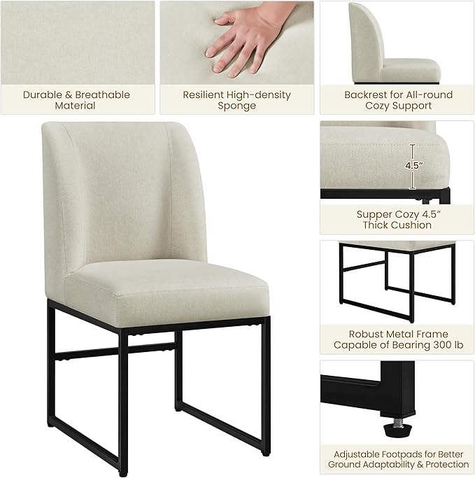 Yaheetech Upholstered Dining Chairs Set of 6 Modern Kitchen Chairs with Mid Back Padded Seat and Metal Legs for Dining Room, Living Room, Restaurant, Armless Design, Beige