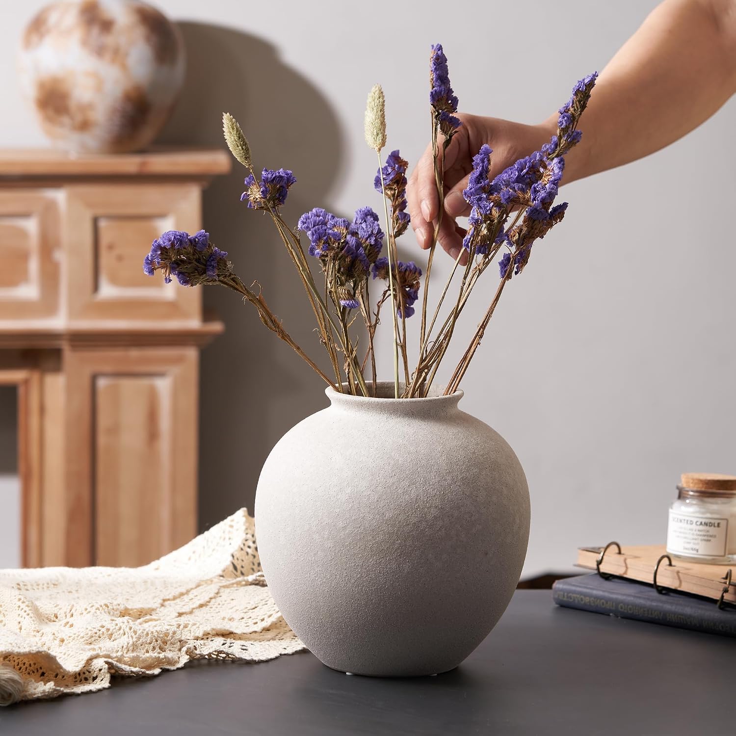 7.8 Inch White Ceramic Vase, Rustic Farmhouse Décor | Round stone-look finish, fits dried flowers, greenery, table centerpieces, weddings, holidays, bathroom, and entryway