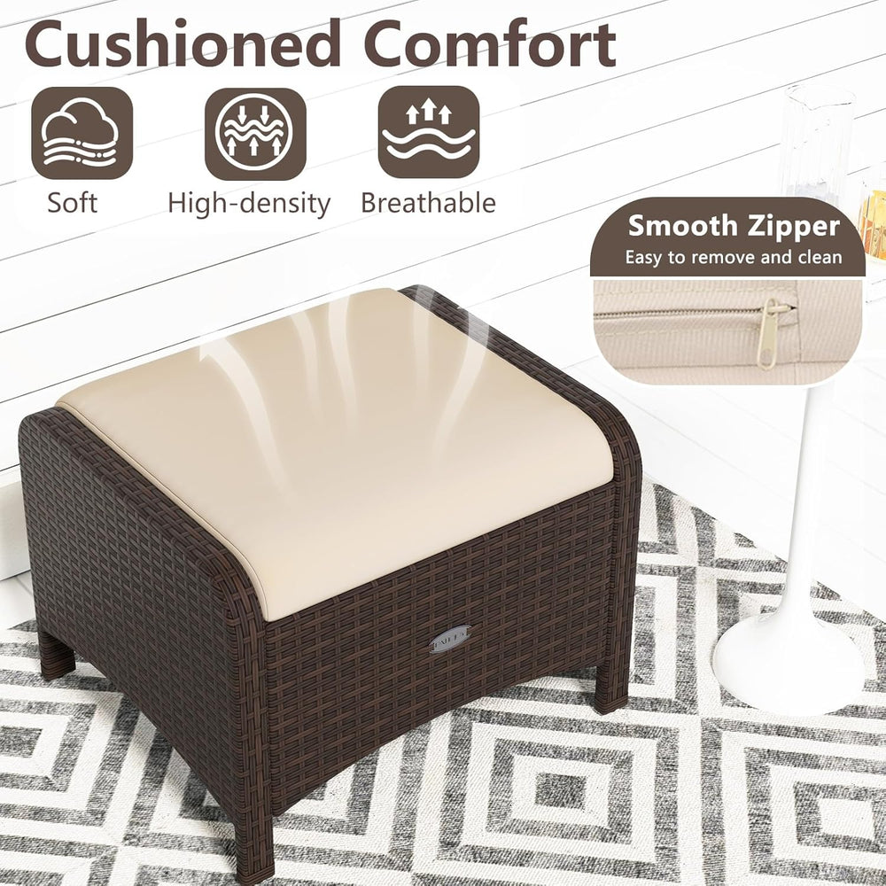 RELAX4LIFE Wicker Outdoor Ottomans for Patio - Set of 2 Rattan Footstools w/R...