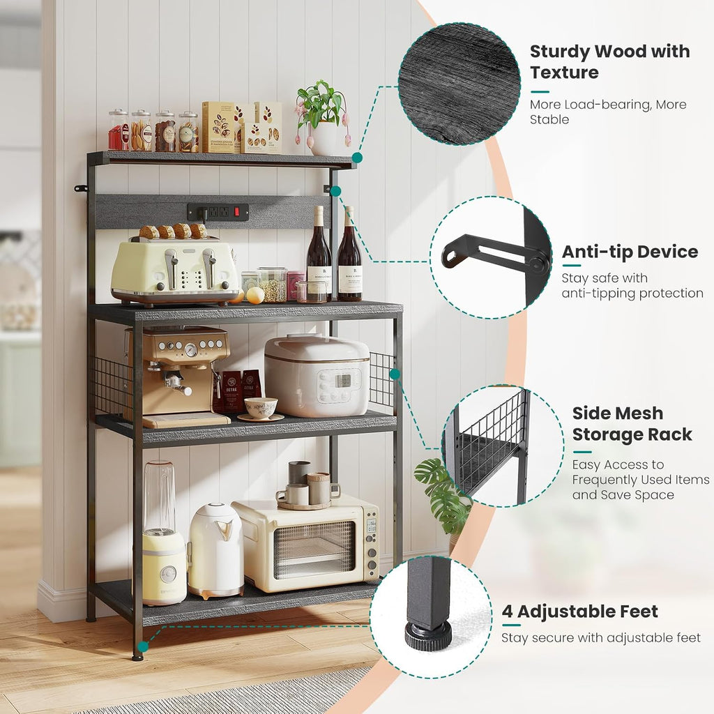 OLIXIS Standing Bakers Rack with Power Outlet, 23.6 Inch Microwave Stand | Kitchen Storage Rack, 3 Adjustable Shelves, Coffee Bar Organizer, Small Appliances, Space Saver, Grey