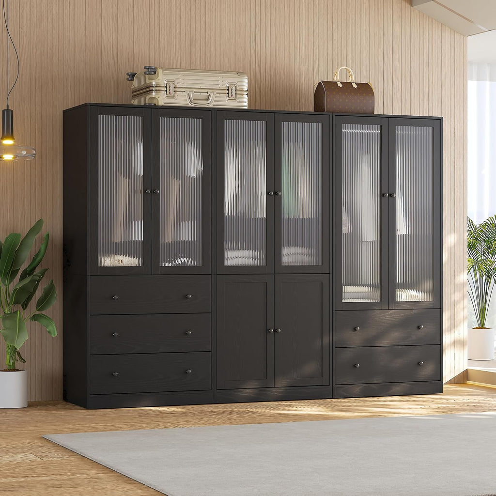 VOWNER 20“D Armoire Wardrobe Closet with Fluted Glass, 71" H Clothing Storage Cabinet with Hanging Rod, 4 Soft-Close Doors Wooden Wardrobe Cabinet for Bedroom, Large Capacity Storage Black(CCA)