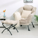 HollyHOME Fabric Lazy Chair with Foldable Ottoman, Accent Comfy Lounge Arm Chair and Folding Footrest Stool Set, Leisure Sofa Reading Chair and Footstool for Living Room, Bedroom, Dorm, Beige Stripe