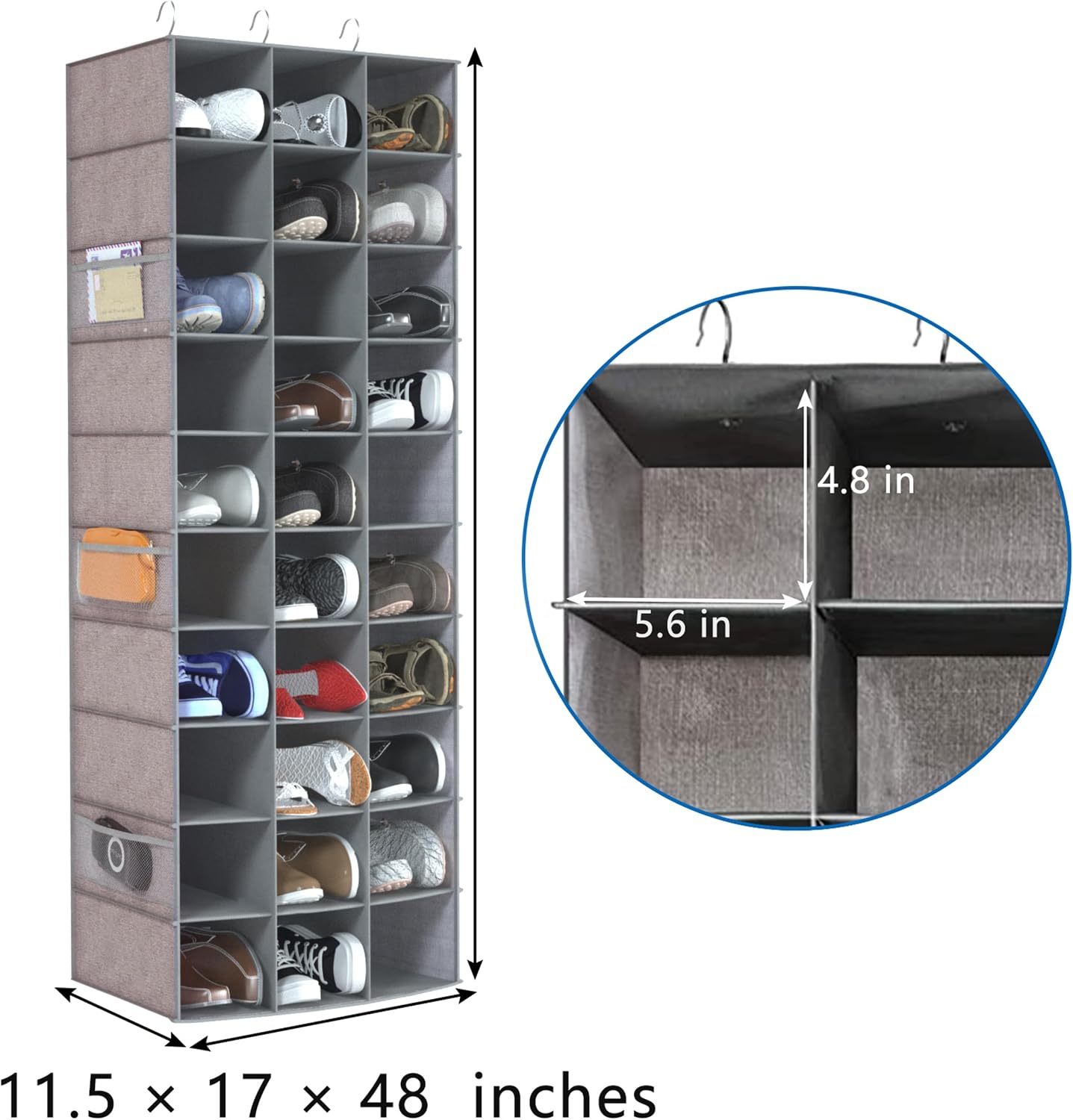 30 Section Hanging Shoe Organizer with Side Pockets, Grey | Hanging Closet Organizer and Storage for Wardrobe, Dorm, Bedroom, Space Saving Foldable Clothes Shelf with Sturdy Hooks