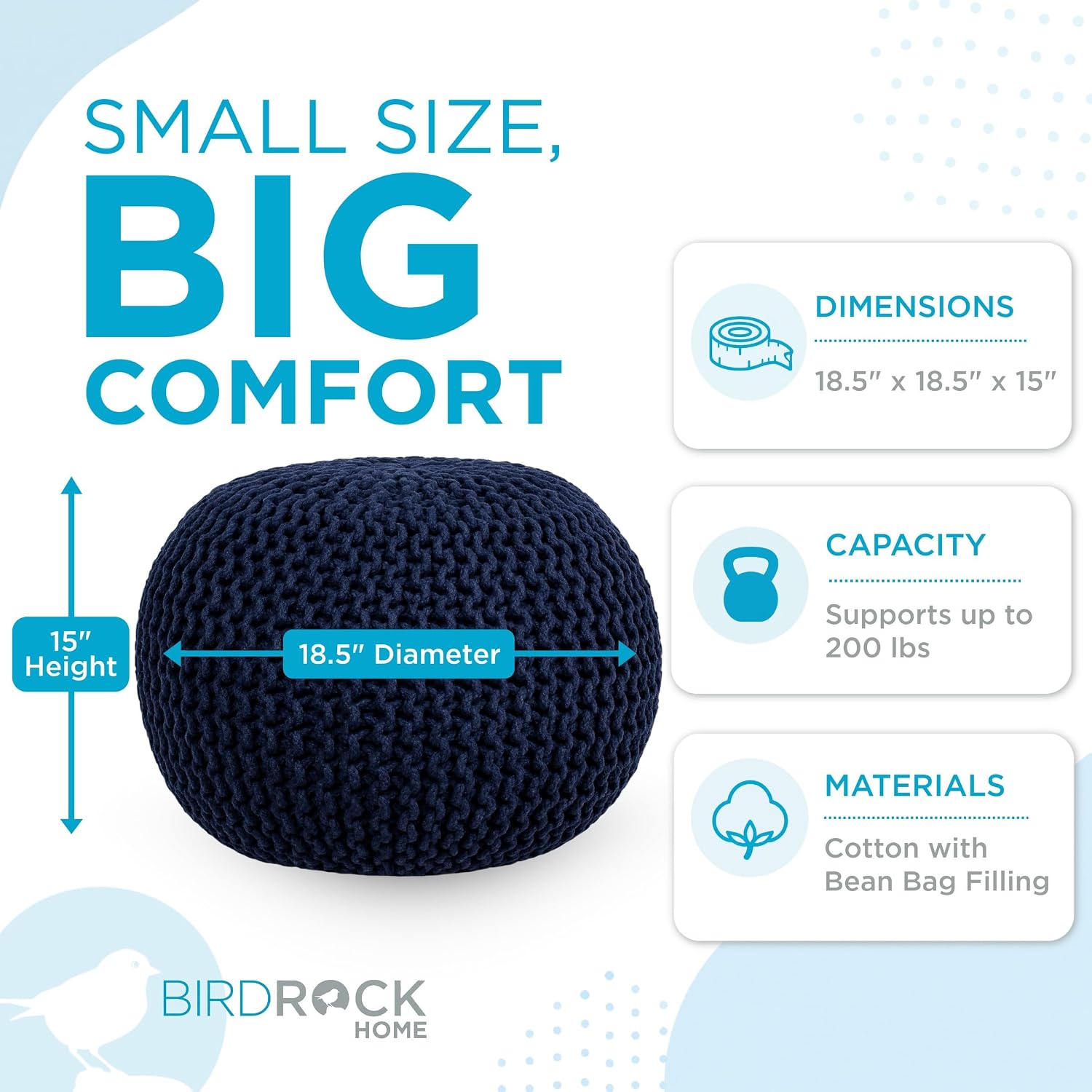 BIRDROCK HOME Round Pouf Ottoman Foot Rest - 18.5”x18.5”x15” Boho Compact Comfortable Soft Cotton Braided Foot Stool with Bean Bag Filling for Living Room, Bedroom, or Nursery (Navy)