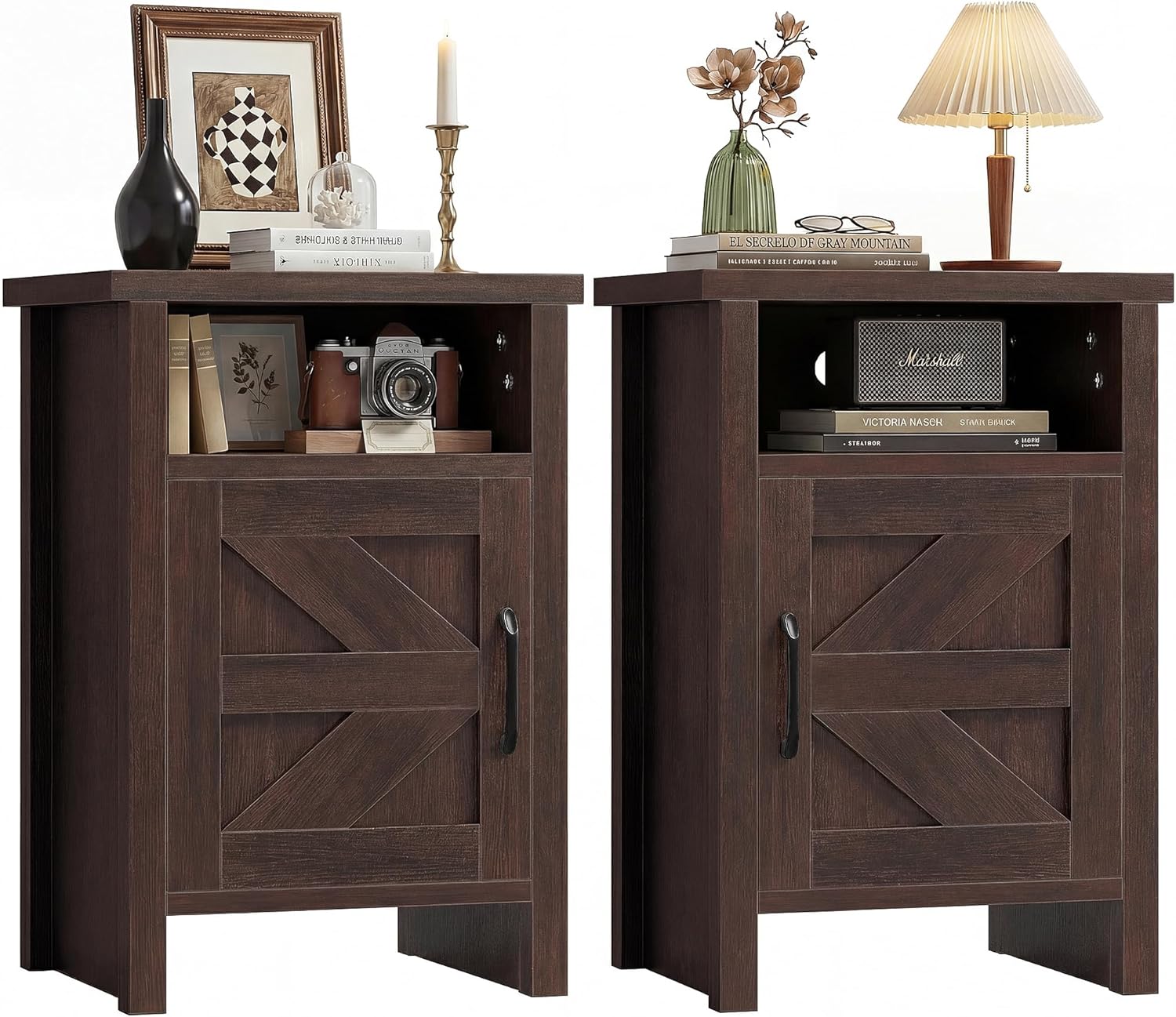 JUMMICO Farmhouse Nightstand, Modern Bedside Table with Barn Door and Shelf, Rustic End Table Side Table for Bedroom, Living Room(2,Brown)