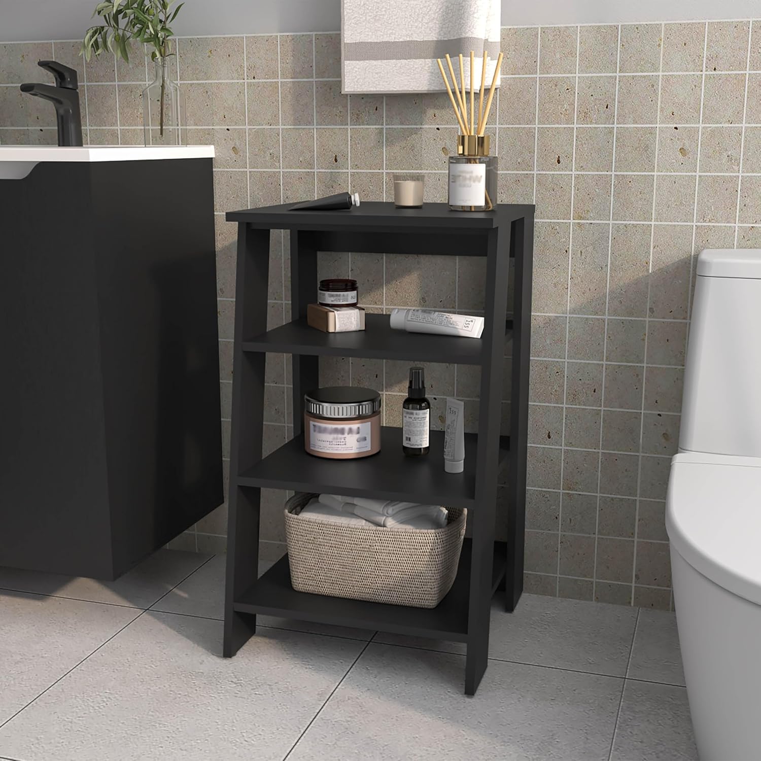 Geelife 30" High 4-Tier Ladder Shelf Organizer for Bathroom, Side Table, Living Room in Black, Particle Board
