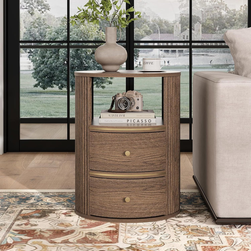 JOINICE Round End Tables Living Room, Fluted End Table with 2 Drawers and Ope...