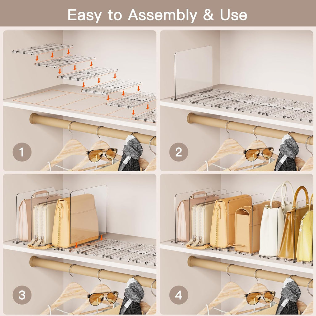 Criusia Adjustable Closet Purse Organizer Rack – 28.8" Extra-Long Shelf Divider with 6 Base Panels & 8 Dividers – Non-Slip Handbag Holder for Bags, Clothes, Kitchen, Office