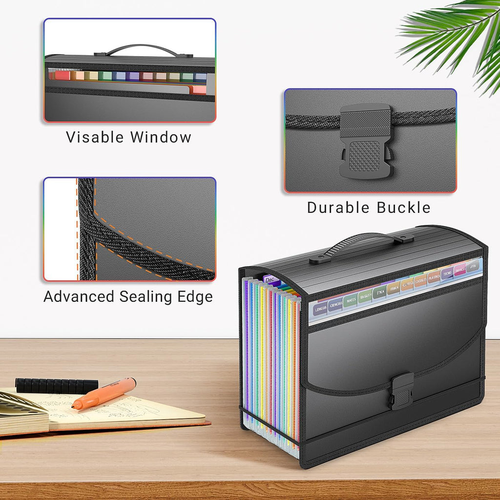 Accordion File Organizer with Handle,13 Pockets Expanding File Folder for Paper/Document/Bill,Portable Filing Box,Visible Window,Quick Search,Expandable Bottom,Large Capacity,A4/Letter Size