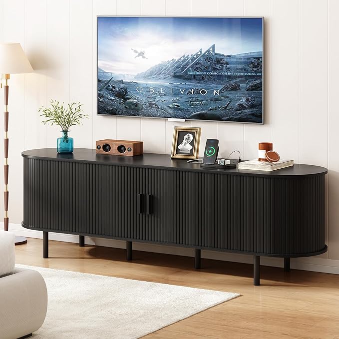 ONBRILL 70.8" TV Stand with Power Outlet for TVs up to 75 Inch, Entertainment Center with Storage and Adjustable Shelves, Modern Media Console with Sliding Doors for Living Room, Black