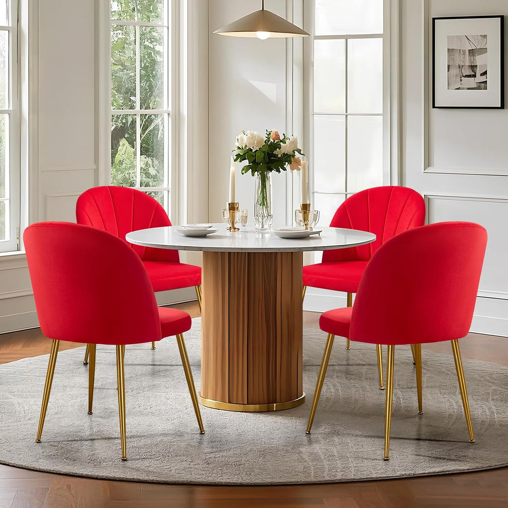 Velvet Dining Chairs Set of 6, Upholstered Mid Century Modern Dining Room Chairs, Armless Accent Chair with Metal Gold Legs for Living Room, Kitchen, Rose Red