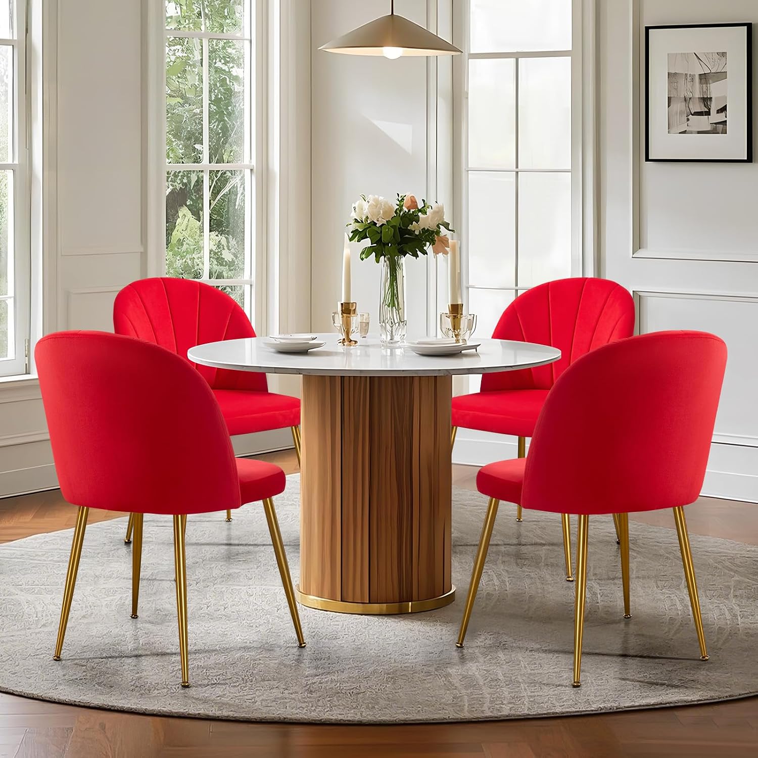 Velvet Dining Chairs Set of 6, Upholstered Mid Century Modern Dining Room Chairs, Armless Accent Chair with Metal Gold Legs for Living Room, Kitchen, Rose Red