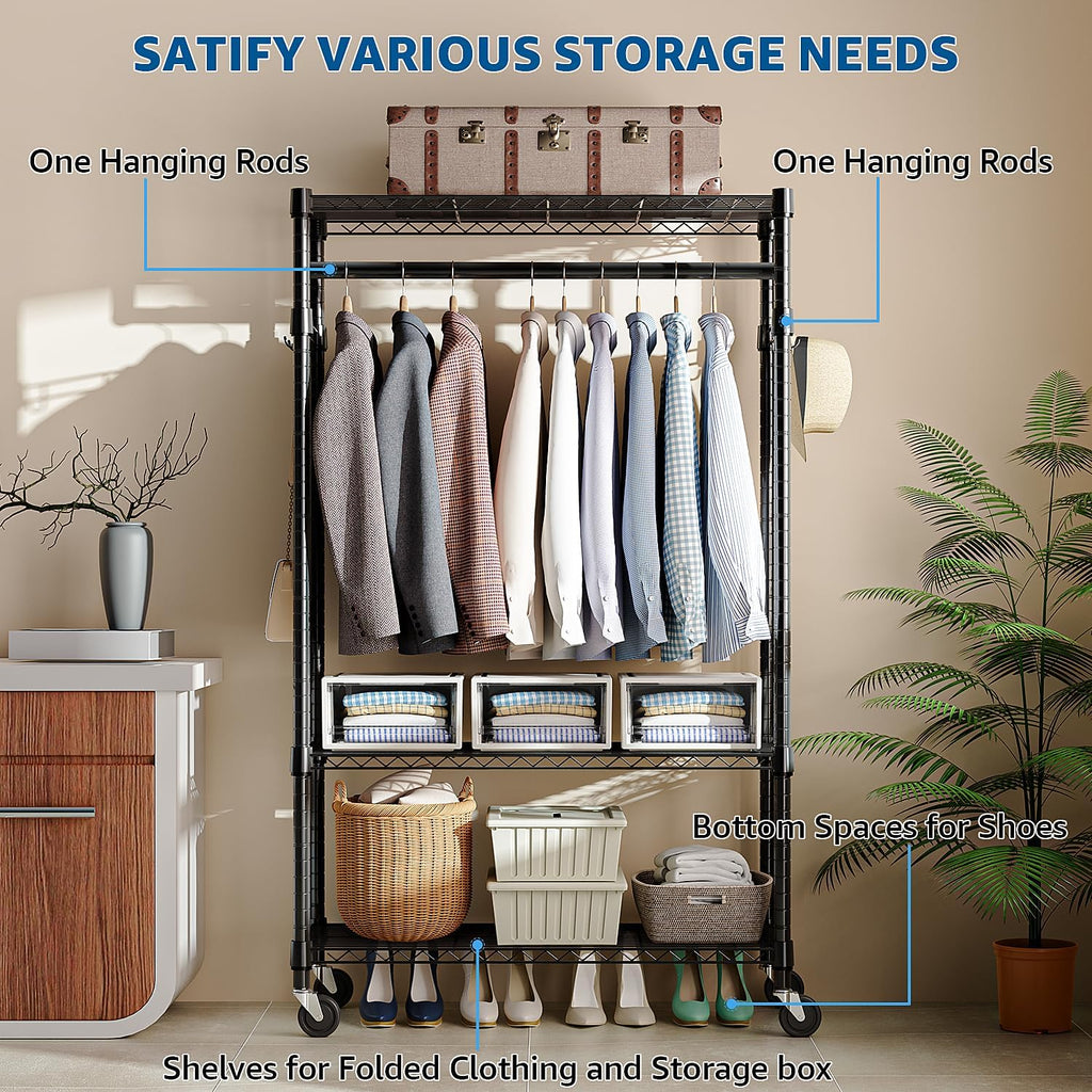 Heavy Duty Rolling Garment Rack 3 Tiers Adjustable Wire Shelving Clothes Rack with Rods and Side Hooks,Storage Closet Clothing Rack with Wheels Black 15.7" D x 29.5" W x 74.5" H