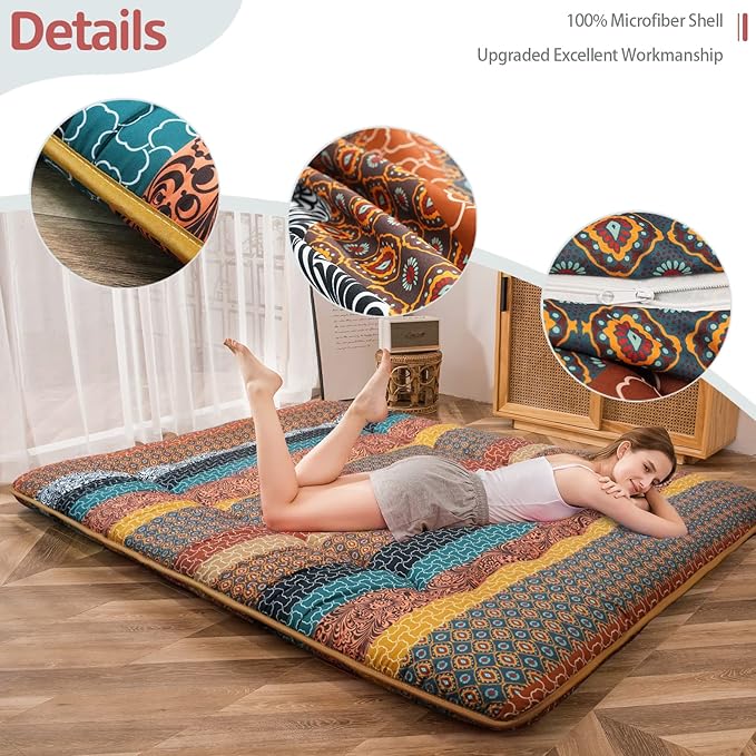 MAXYOYO Japanese Floor Mattress Futon Mattress, 4" Thicken Tatami Mat Sleeping Pad Foldable Roll Up Mat Boys Girls Dormitory Pad Kids Floor Lounger Pillow Bed, Charcoal Grey, Queen Size