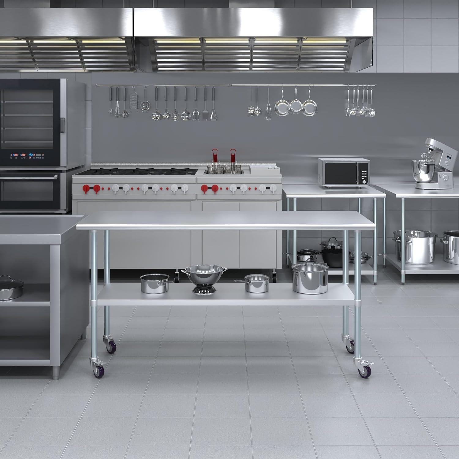 AmGood 72" Long x 24" Deep Stainless Steel Table with Casters