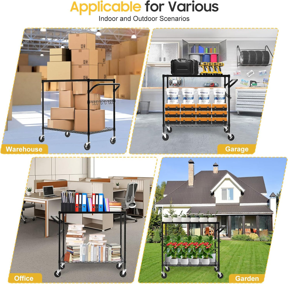 WDT 2-Tier Utility Cart with Wheels, Metal Cart with 1000LBS Capacity, NSF He...