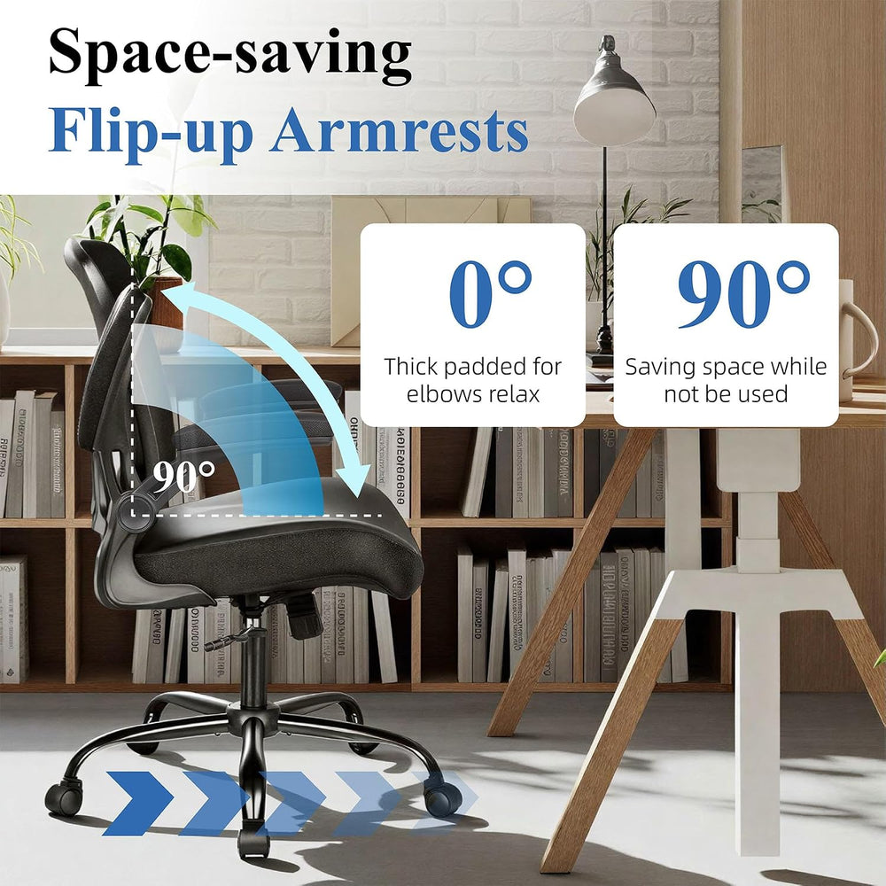 Ergonomic Office Chair, Flip-up Armrest, Mesh Back PU Leather Seat | Black Co...