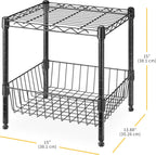Whitmor 2 Tier Metal Storage Shelves, Heavy Duty Shelf with Basket, 350 lbs Capacity per Shelf, 700 lbs Total, Home Organizer for Kitchen, Garage, Bathroom, 15" L x 14" W x 15" H, Black