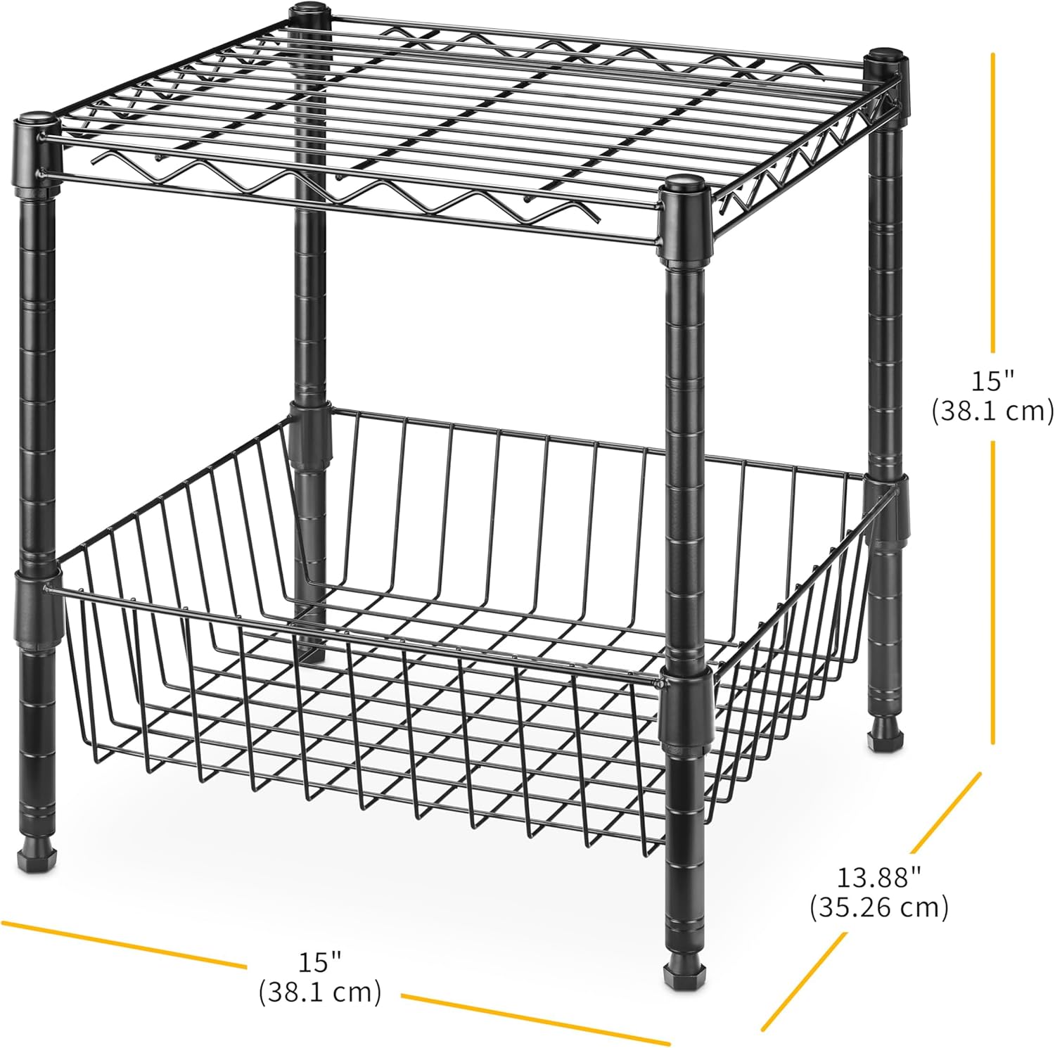 Whitmor 2 Tier Metal Storage Shelves, Heavy Duty Shelf with Basket, 350 lbs Capacity per Shelf, 700 lbs Total, Home Organizer for Kitchen, Garage, Bathroom, 15" L x 14" W x 15" H, Black