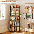 5-Tier Purse Organizer for Closet, Tall Purse Rack Stand for Purse Storage, Metal & Wood Handbag Organizer with 4 Side Hooks and 2 Baskets, Space-Saving Narrow Purse Shelf for Small Space, Bedroom