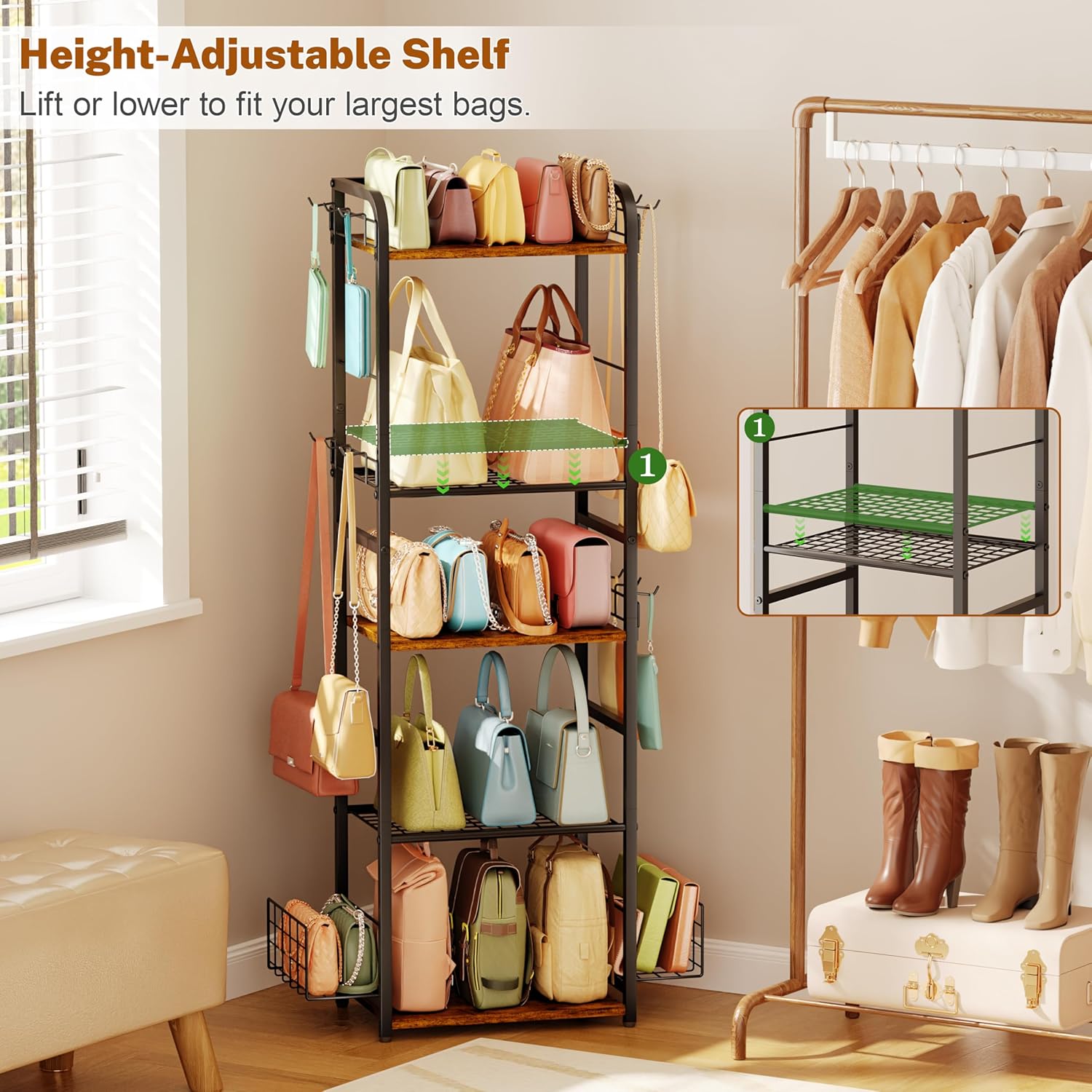 5-Tier Purse Organizer for Closet, Tall Purse Rack Stand for Purse Storage, Metal & Wood Handbag Organizer with 4 Side Hooks and 2 Baskets, Space-Saving Narrow Purse Shelf for Small Space, Bedroom