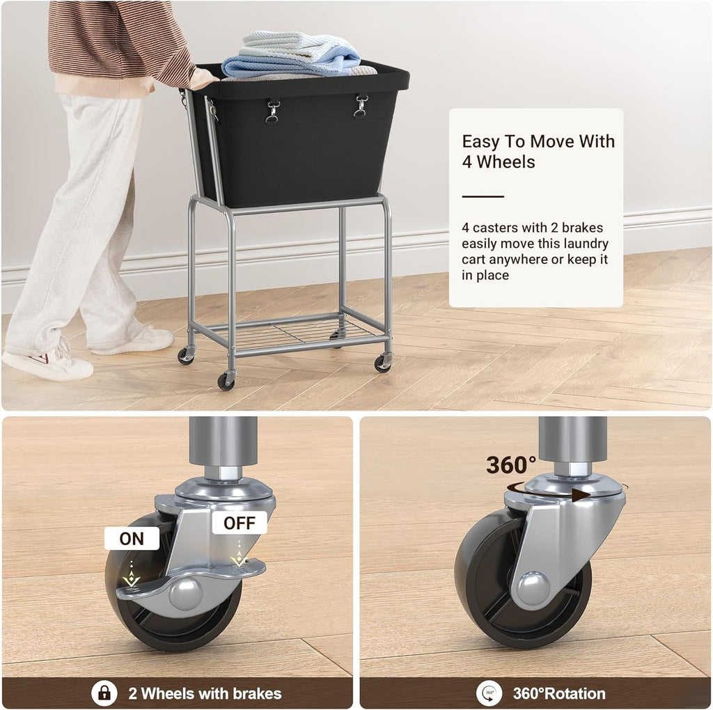ELYKEN Laundry Cart with Wheels, Rolling Laundry Hamper with Removable Bag and Shelf, Metal Frame Laundry Basket with 4 Casters and 2 Brakes, Ideal for Bedroom, Bathroom, Laundry Room, Black
