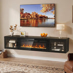 70" Floating TV Stand with 36" Electric Fireplace, Wall Mounted Fireplace Entertainment Center with Storage for TVs Up to 80",WI-FI Enable Fireplace TV Stand for Living Room,Black&Black