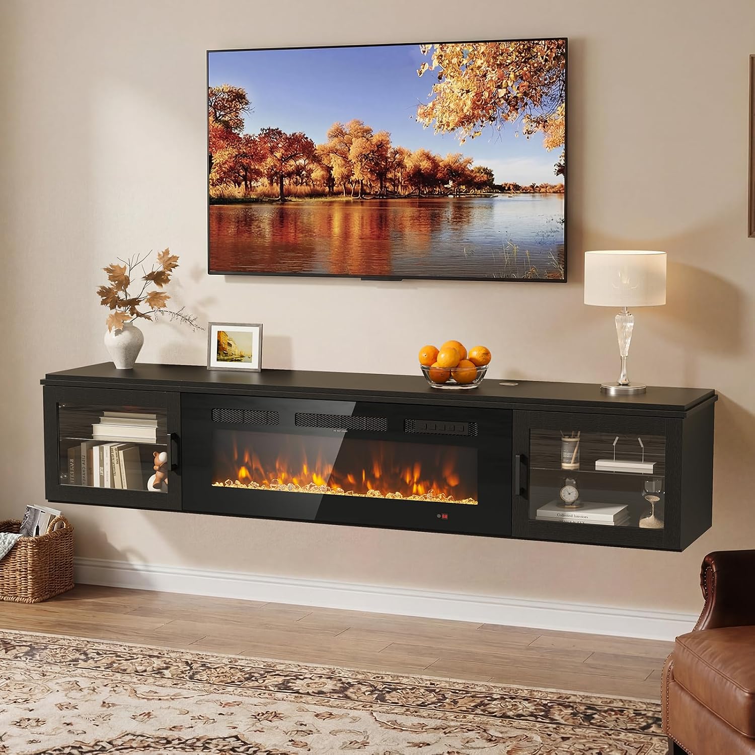 70" Floating TV Stand with 36" Electric Fireplace, Wall Mounted Fireplace Entertainment Center with Storage for TVs Up to 80",WI-FI Enable Fireplace TV Stand for Living Room,Black&Black